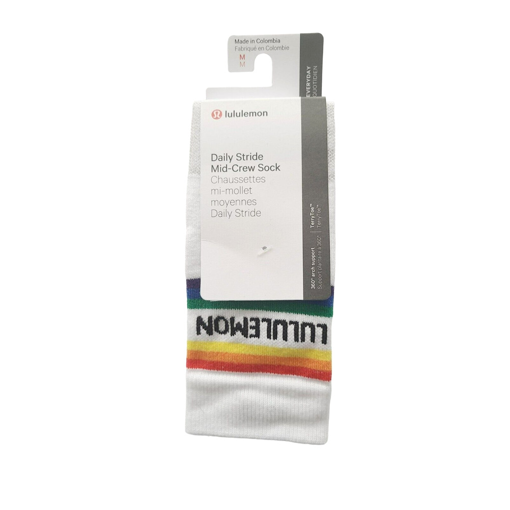 Lululemon Daily Stride Mid-Crew Socks White Rainbow Stripe Size M LW9DW9S